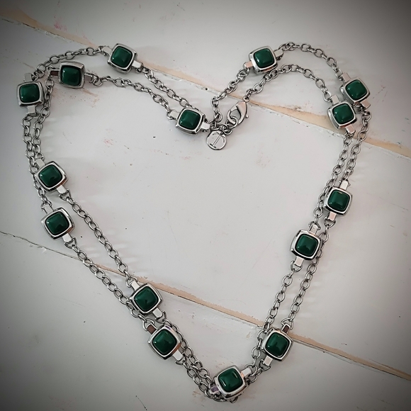 Robert Talbott Jewelry - Talbot Long Necklace Silver Tone And Shamrock Green Square Faux Stones
